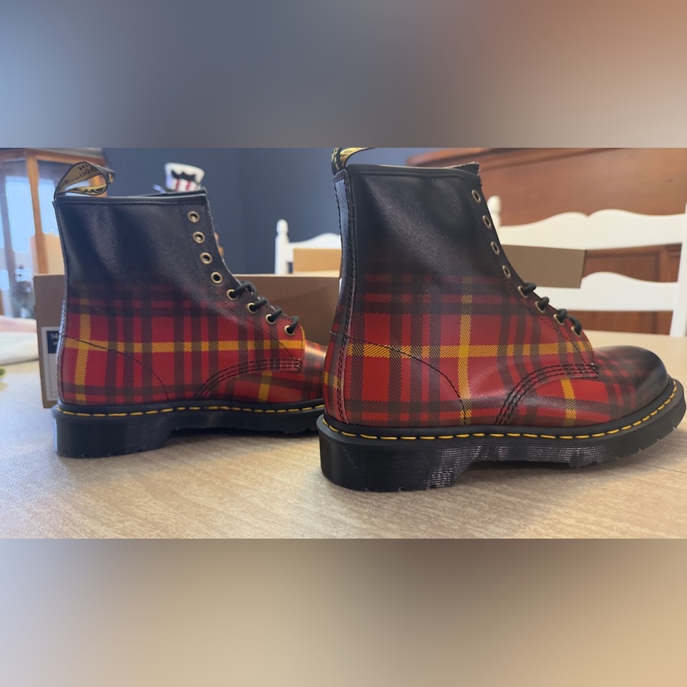 Dr. Martens Black and Red Plaid Men's Boots - Picture 6 of 9